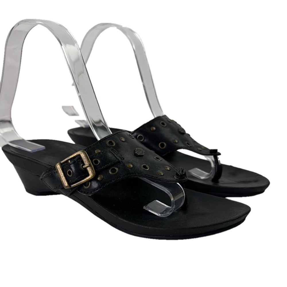 Harley Davidson Black Mini Wedge Sandals with Gold Buckle